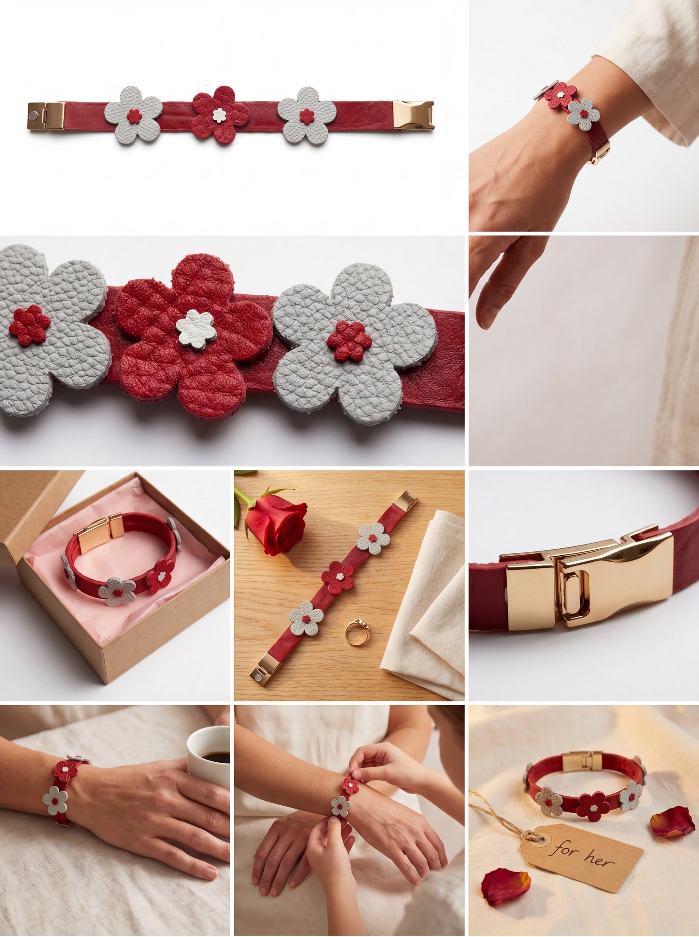 Red floral leather bracelet